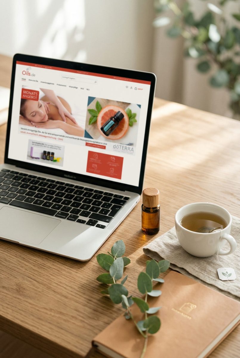 doTERRA ohne Anmeldung online kaufen – Laptop mit Online-Shop und ätherischem Öl